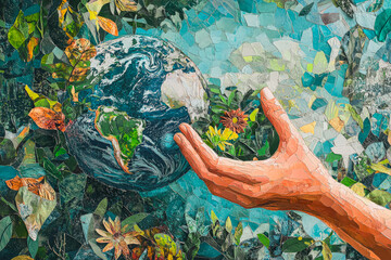 Fototapeta premium Hand is holding a globe, symbolizing the importance of taking care of the earth. The image is a collage of various elements, including a hand, a globe, and a tree. Concept of preserving the environmen