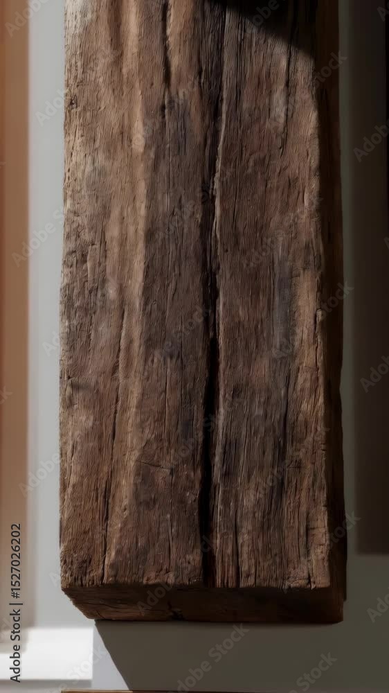 Poster Close-up of a dark brown aged wooden beam with distinctive grain patterns and natural textures for backgrounds and rustic design elements