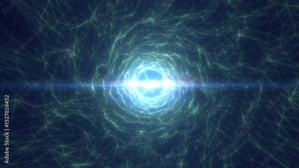 Poster green digital tunnel vortex formed by interconnected wireframe mesh lines and glowing energy center