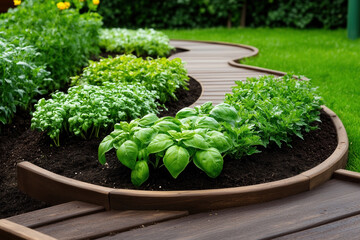 Basil and tomatoes grow together in a minimalist garden with lush greenery around a curved wooden pathway