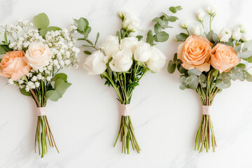 Fresh flowers arranged in minimalist bouquets create an elegant display suitable for online platforms with customization features. Clean marble background enhances visual appeal
