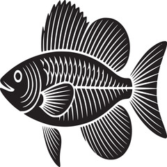 A stylized black and white illustration of a fish with visible bone structure and fins on white