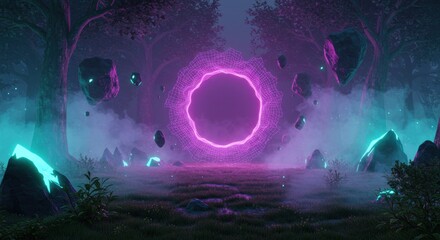 Obraz premium Fantasy Portal Opening in a Forest Clearing with Floating Rocks and Glowing Magic
