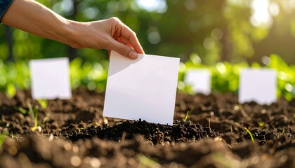Hand planting blank label in garden