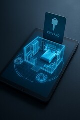 Fototapeta premium Digital room key concept with holographic hotel model