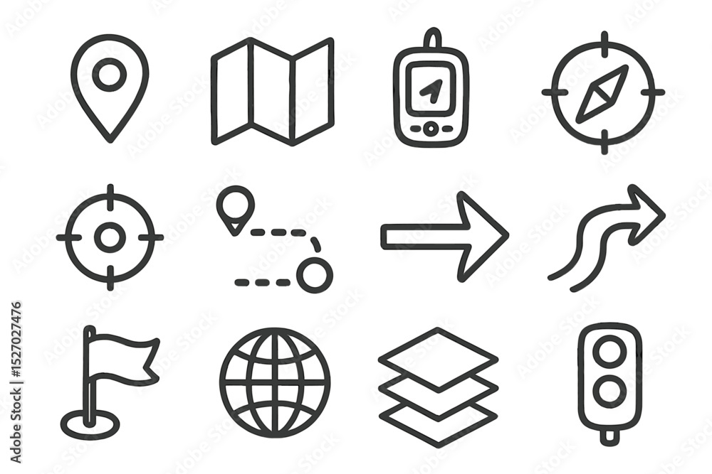 Poster navigation and mapping icons on dark gray background