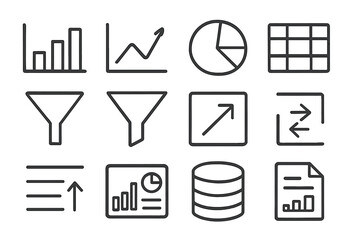 Black metallic finance and data icons: charts, graphs, and filters