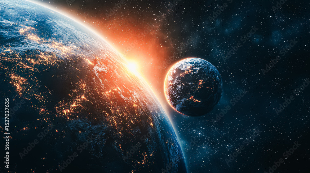 Aufkleber planet with a sun in the sky and a smaller planet in the background. the sun is setting and the plan