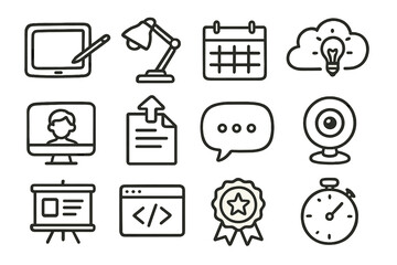 Technology icons for office and communication on green background