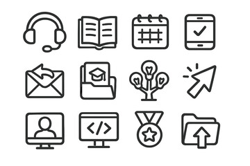Set of 12 black and white icons for communication and organization