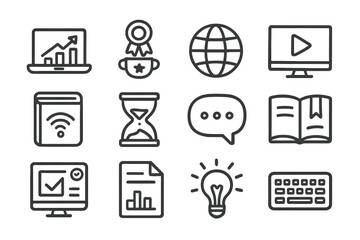 Business and technology icons set with graph, globe, and lightbulb graphics