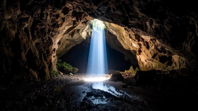 Sunlight illuminates interior cavern with water and rocks, highlighting rock formations in a dark mysterious space.