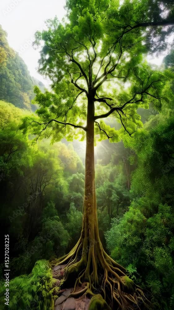 Poster Sunlight filters through the dense canopy of a green forest illuminating a towering tree with large roots along a mossy stone path.