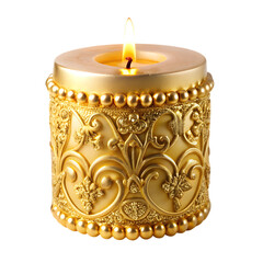 Ornate gold candle burning with bright flame detailed luxurious decoration isolated on black background