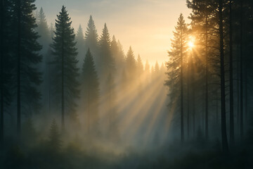 Sunrise Illuminating Foggy Coniferous Forest