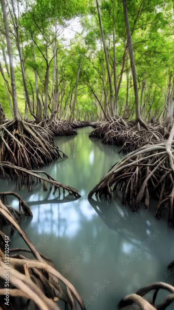 Poster lush mangrove forest with intertwined roots above tranquil water creating a surreal and enchanting n