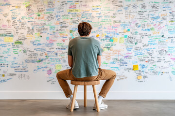 Entrepreneur brainstorming ideas in a creative workspace with colorful notes on the wall