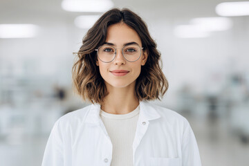 portrait of chemist with confident expression positioned on left side of frame