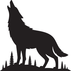 A black silhouette of a wolf howling in a forest with trees on a white background illustration