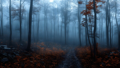 Obraz premium dark misty forest panorama fantasy halloween landscape