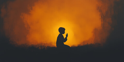 Spiritual Moment of a Child Praying at Sunset with Vibrant Colors