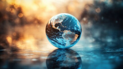 This stunning image displays a globe of Earth, featuring intricate details and earthy reflections against a vibrant backdrop, encapsulating the beauty of our planet and its oceans.