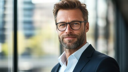 A portrait of a confident businessman wearing glasses, standing in a modern office with a bright, professional look, exuding charisma and leadership.