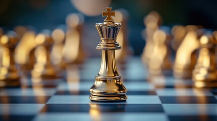 A stunning golden chess king stands tall on a chessboard, surrounded by pawns, emphasizing the essence of strategy in competitive gameplay and the quest for victory.