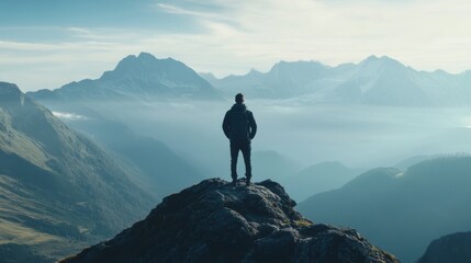 A solitary figure stands atop a rocky peak, gazing out at a breathtaking mountain landscape, symbolizing exploration, adventure, and the beauty of nature's grandeur.