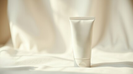 A minimalist white tube of cosmetic cream or lotion stands upright on a gracefully draped white fabric, with soft shadows creating an elegant and clean product display.

