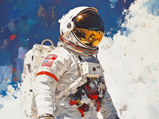 Fototapeta premium Man in a space suit is standing in front of a blue sky. The painting is a representation of the idea of space exploration and the human desire to reach beyond our planet