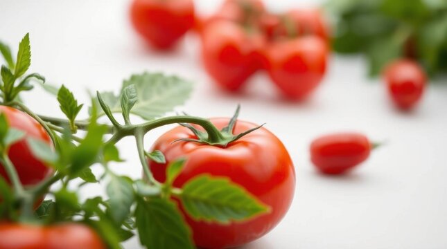 Vibrant red tomatoes on the vine are artfully arranged against a crisp white background, with a blurred cherry tomato in the foreground, highlighting freshness and natural beauty.
