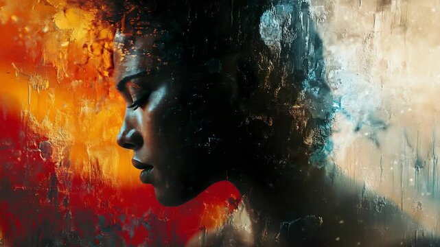 A woman 's face in front of an abstract painting
