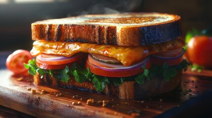 A beautifully layered sandwich stacked high with fresh vegetables, cheese, and toasted bread, embodying both taste and visual appeal for a delightful meal.