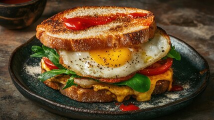 A delectable sandwich featuring a sunny-side-up egg, fresh spinach, and a drizzle of ketchup on toasted bread, creating a delightful fusion of flavors for breakfast enthusiasts.