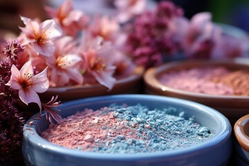A vibrant display of colorful powders alongside delicate cherry blossoms, evoking a sense of artistry and spring's beauty in a natural setting that captivates the viewer.