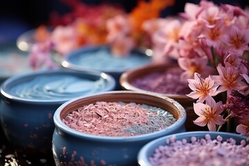 An artistic spread of various colored powders with cherry blossoms in the background, highlighting the creative and vibrant interplay of colors and nature's beauty.