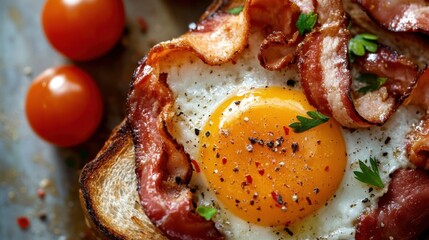 A tantalizing close-up shot of crispy bacon and a bright fried egg resting on buttered toast, showcasing a simple yet flavorful breakfast that sparks appetite.