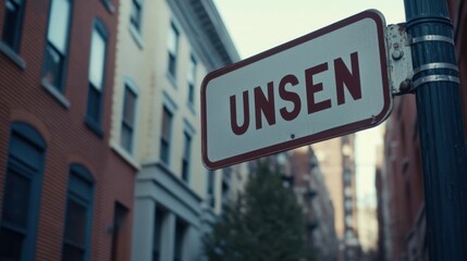 A striking urban landscape featuring a distressed street sign marked 'UNSEN', capturing the essence of city life and unnoticed elements in familiar surroundings.