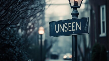 A street sign labeled 'UNSEEN' in a moody urban landscape, capturing a sense of mystery and intrigue in the depth of shadows and soft street light illuminating the scene.