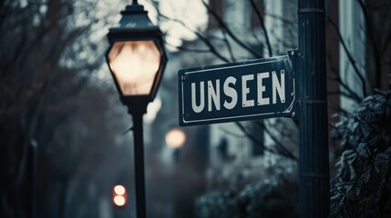 In a dimly lit urban landscape, a street sign reading 'UNSEEN' takes center stage, inviting feelings of curiosity and introspection amidst the muted glow of surrounding lights.