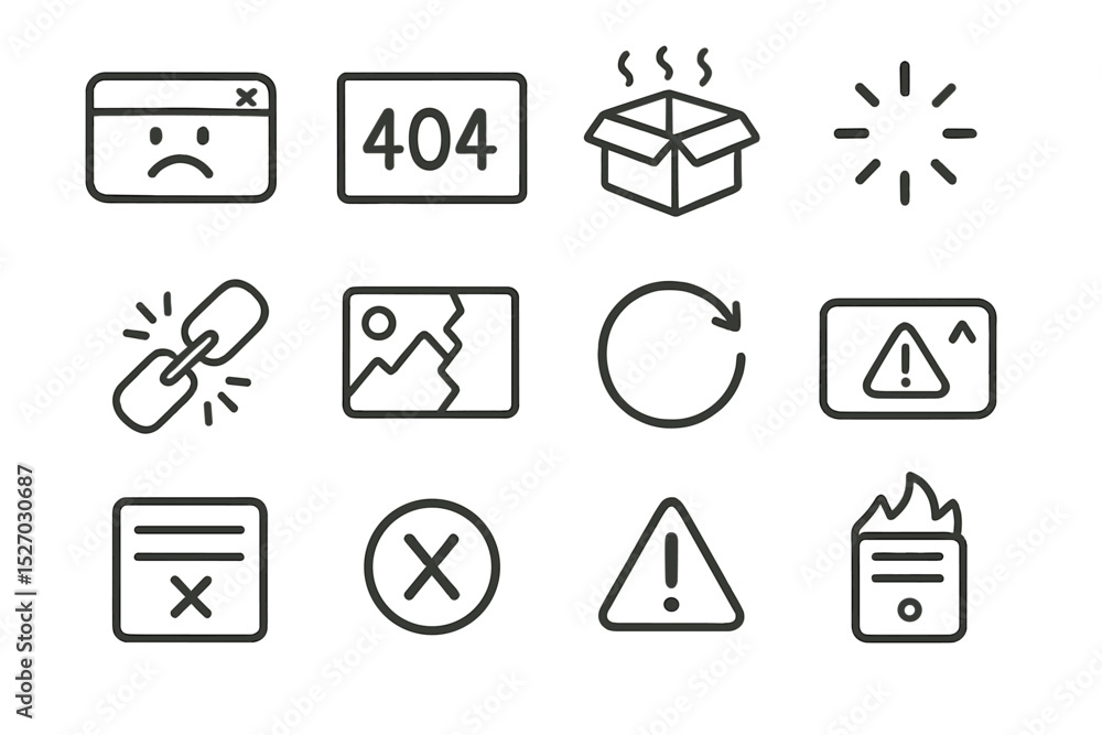 Poster error icons collection depicting 404 broken links and warnings