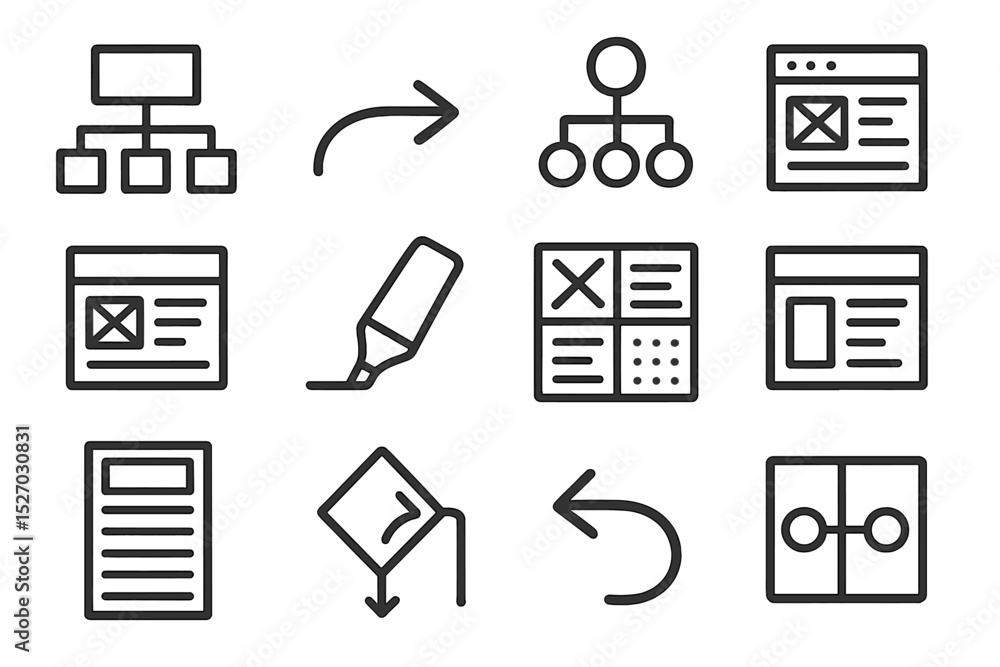Poster minimalist black and gray wireframe icons for ui and ux design