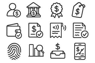 Financial icons set: bank, wallet, invoice, mobile payment, fingerprint