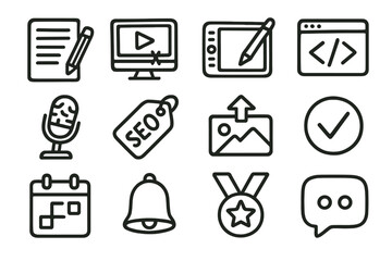 Fototapeta premium Digital media icons set on brown background highlighting seo and design
