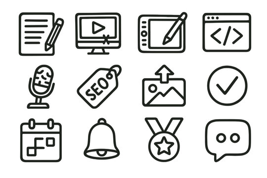 Digital media icons set on brown background highlighting seo and design