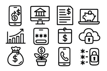 Fototapeta premium Financial technology icons: banking, security, savings, growth, mobile