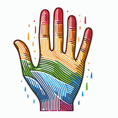Obraz premium Colorful illustration of a rainbow hand with textured lines and drops