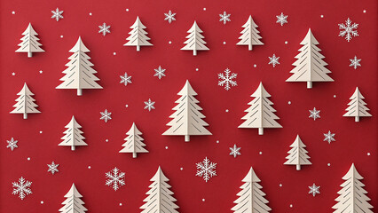 Paper christmas trees and snowflakes festive seasonal holiday red background decoration