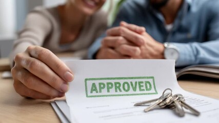 Couple happily reviewing their approved loan documents.